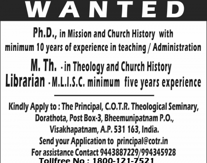 Wanted Ph.D. in Mission & Church History